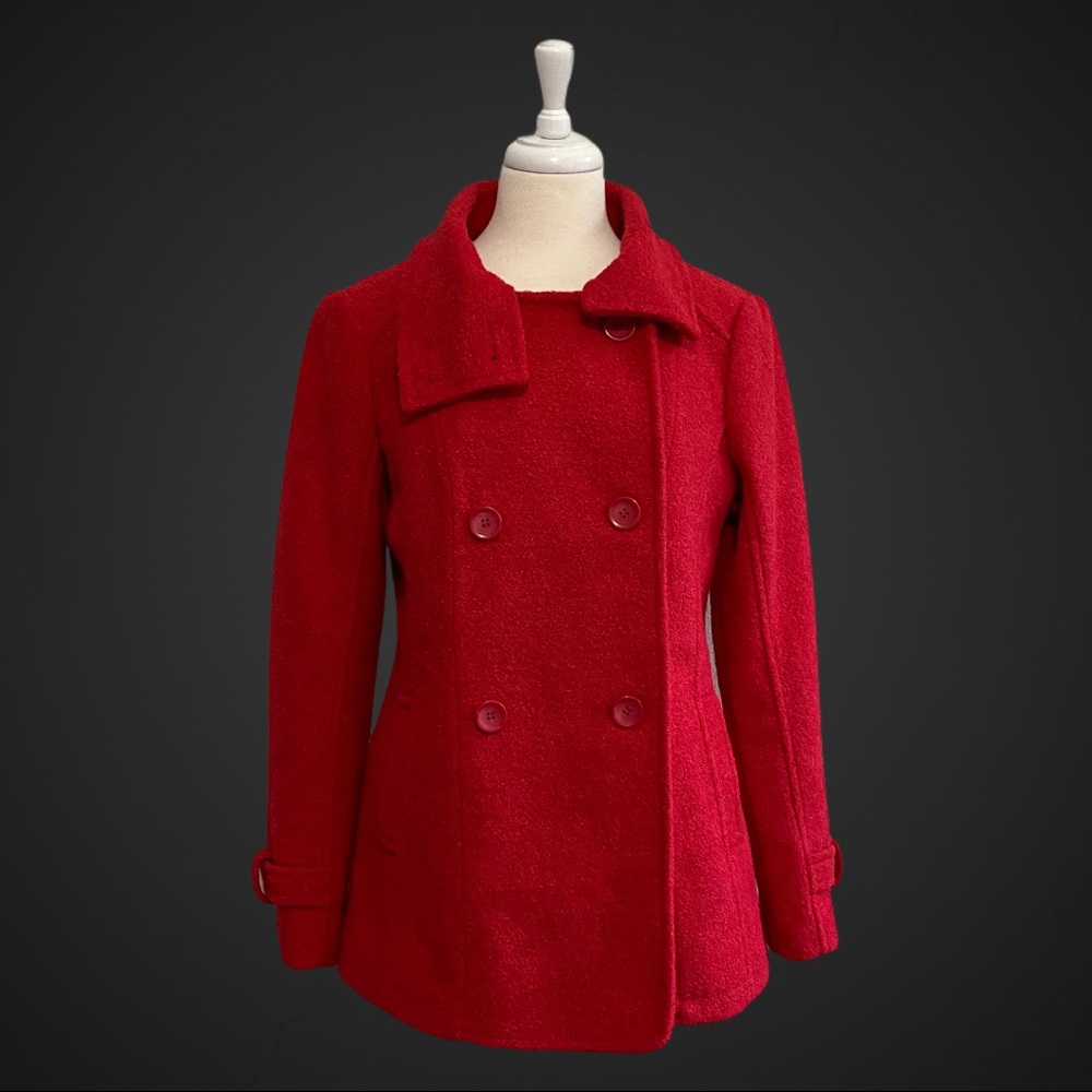 BNCI Blanc Noir Red Wool Nubby Holiday Pea coat